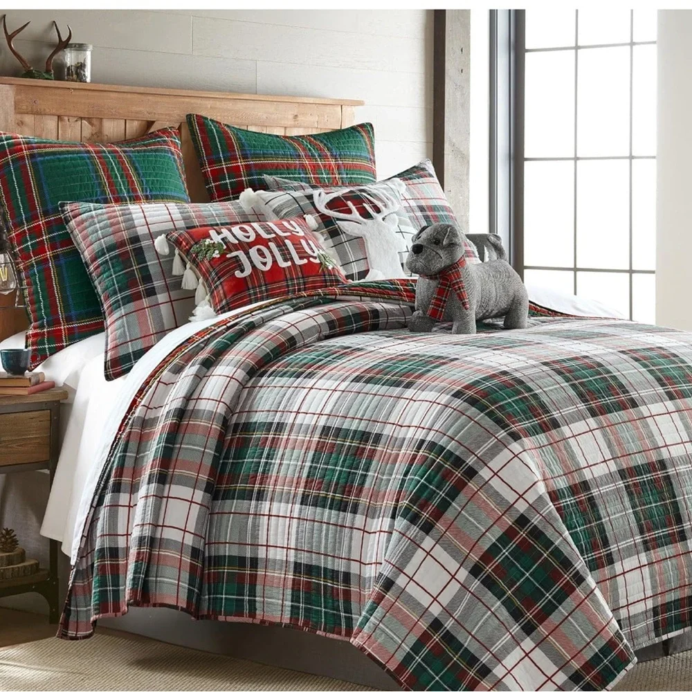 🆕 PB Style Christmas Tartan Plaid Quilt Stewart Print in King Bedding SET shams